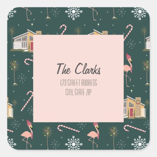 Weihnachten - Pink House Palm Tree Adresse Quadratischer Aufkleber (Vorderseite)