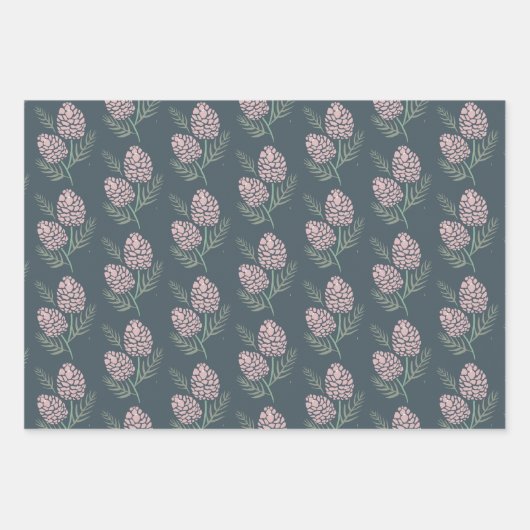 WEIHNACHTEN Pink Pine Cone Muster Navy Blue & Whit Geschenkpapier Set (Vorderseite)