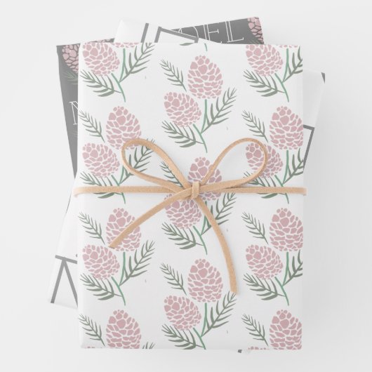 WEIHNACHTEN Pink Pine Cone Muster Weiß & Grau Geschenkpapier Set (Beispiel)