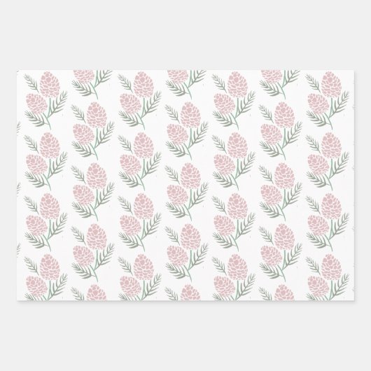 WEIHNACHTEN Pink Pine Cone Muster Weiß & Grau Geschenkpapier Set (Vorderseite)