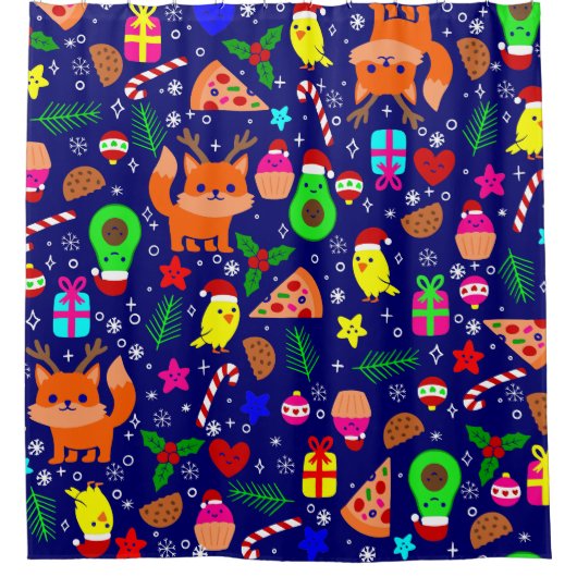 Weihnachten Pizza Cick Vogel Avocado Blau Duschvorhang (Vorderseite)