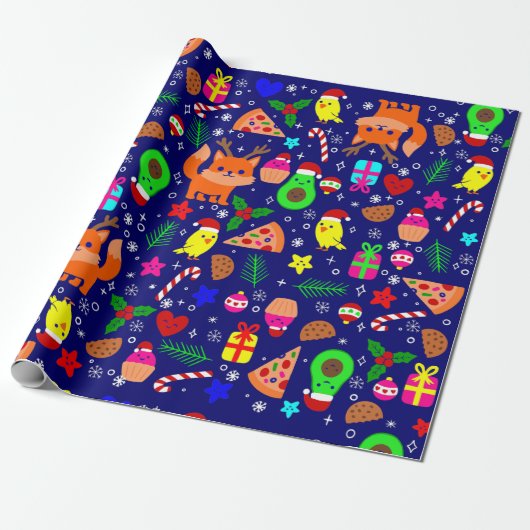 Weihnachten Pizza Cick Vogel Avocado Blau Geschenkpapier (Ungerollt)