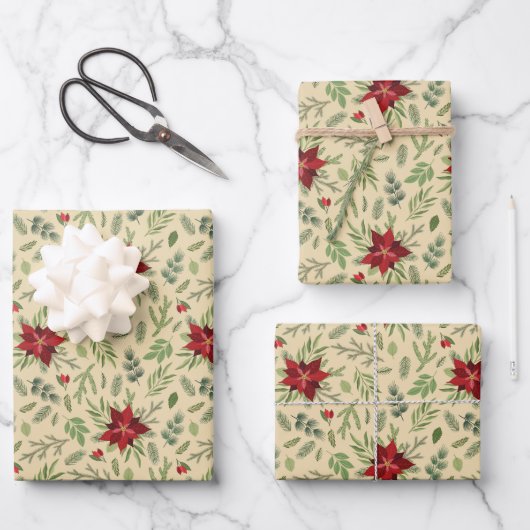 Weihnachten Poinsettia Blume Kiefernzweige Geschenkpapier Set (Vorderseite)