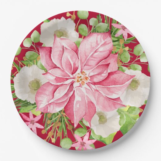 Weihnachten Poinsettia Blumenurlaub Pappteller (Vorderseite)