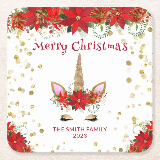 Weihnachten Poinsettia Einicorn mit Party vom Rote Rechteckiger Pappuntersetzer (Vorderseite)