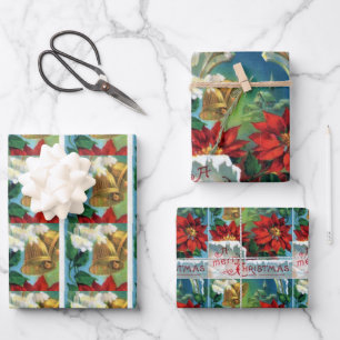 Weihnachten Poinsettia Gold Bells Geschenkpapier Set