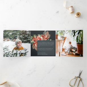 Weihnachten Poinsettia Navy Schwarz Kiefer 3 Foto Dreifach Gefaltete Urlaubskarte