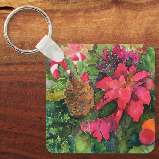 Weihnachten Poinsettia Original Aquarellmalerei Schlüsselanhänger (Vorderseite)