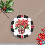 Weihnachten Poinsettia Wasserfarbener Feiertag Runder Aufkleber<br><div class="desc">Hübscher Topf von roten Weihnachtspoinsettia Weihnachtsaufklebern mit kariertem karierten Hintergrund in Rot,  Schwarz und Weiß.</div>