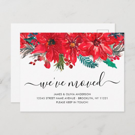 Weihnachten Poinsettia Wir haben neue Zuhause Movi Ankündigungspostkarte (Vorne/Hinten)