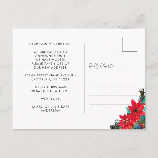Weihnachten Poinsettia Wir haben neue Zuhause Movi Ankündigungspostkarte (Rückseite)