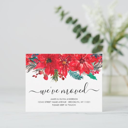 Weihnachten Poinsettia Wir haben neue Zuhause Movi Ankündigungspostkarte (Stehend Vorderseite)
