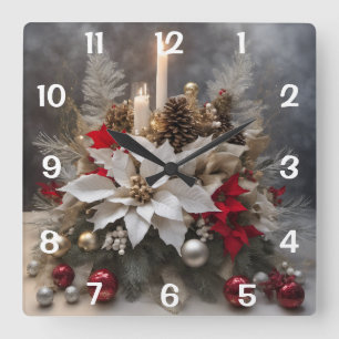 Weihnachten Poinsettias und Kerzen Quadratische Wanduhr