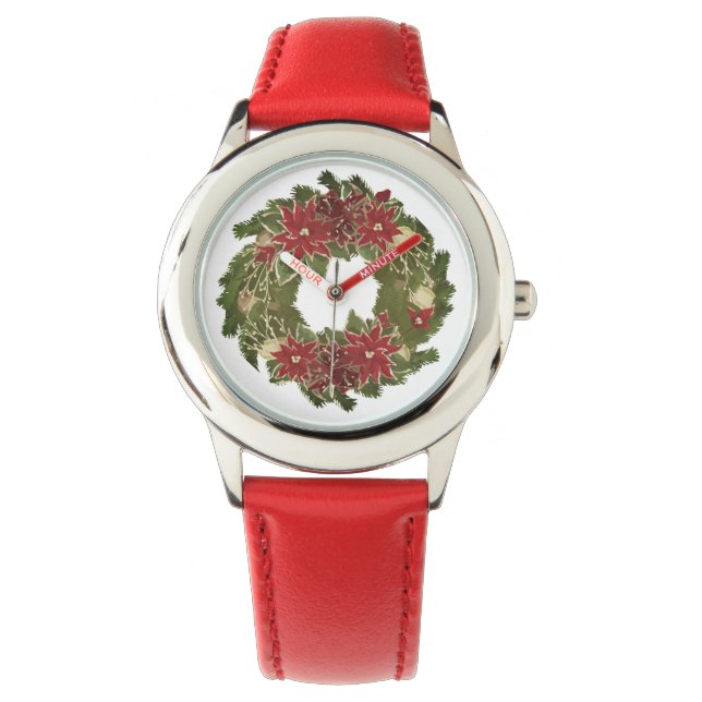 Weihnachten Poinsettias Wreath Holiday Armbanduhr (Vorderseite)