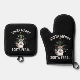 Weihnachten Raccoon Sorta Merry Sorta Feral Xmas Ofenhandschuh & Topflappen-Set