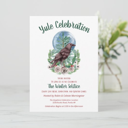 Weihnachten Raven Winter floral Full Moon Solstice Einladung (Stehend Vorderseite)