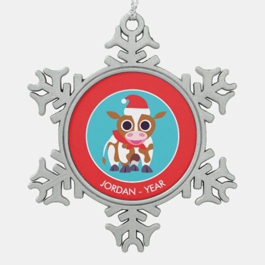 Weihnachten Reba die Kuh Schneeflocken Zinn-Ornament (Vorderseite)