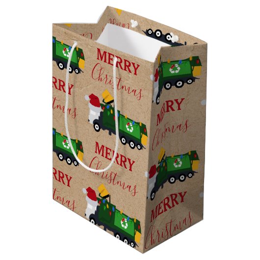 Weihnachten Recycelnd Müllwagen Große Geschenktasc Mittlere Geschenktüte (Rückseite Schrägansicht)