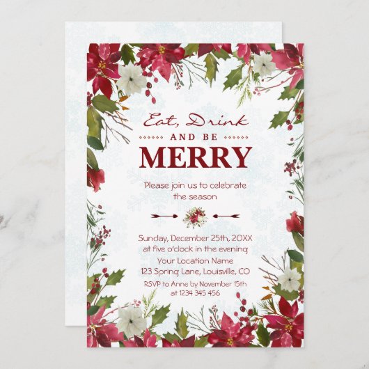 Weihnachten Red Poinsettia Essen Drink und seien S Einladung (Vorne/Hinten)