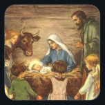 Weihnachten, Religiöse Geburt w Baby Jesus Quadratischer Aufkleber<br><div class="desc">Vintage Darstellung religiöser Weihnachtsbilder mit einer wunderschönen klassischen Krippe-Familienszene mit Maria,  Joseph und dem Säugling Jesus Christus in der Leitung in Bethlehem. Eine Christliche Religionsszene mit Kindern versammelte sich mit Händen um das Kind.</div>