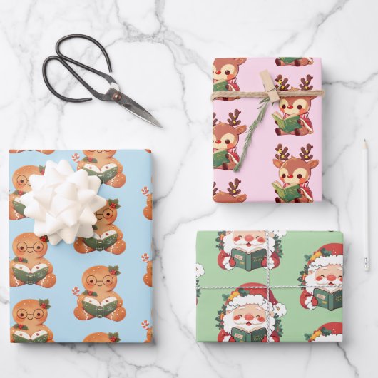 Weihnachten, Rentier & Lebkuchen buchen Geschenkpapier Set (Vorderseite)