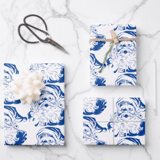 Weihnachten, Retro Jolly Weihnachtsmann in Blau Geschenkpapier Set (Vorderseite)