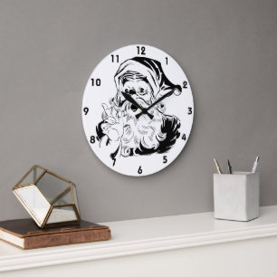 Weihnachten, Retro Jolly Weihnachtsmann, Schwarz Große Wanduhr