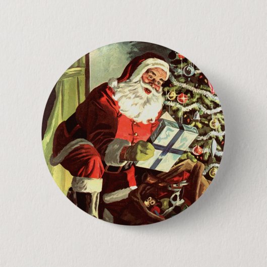 Weihnachten, Retro Weihnachtsmann mit Geschenken Button (Vorderseite)
