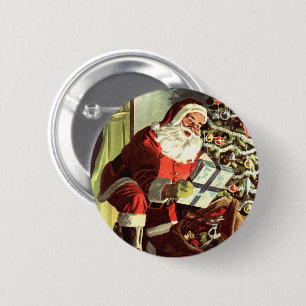 Weihnachten, Retro Weihnachtsmann mit Geschenken Button