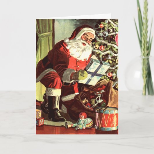 Weihnachten, Retro Weihnachtsmann mit Geschenken Feiertagskarte (Vorderseite)