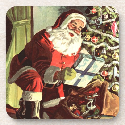 Weihnachten, Retro Weihnachtsmann mit Geschenken Getränkeuntersetzer (Vorderseite)