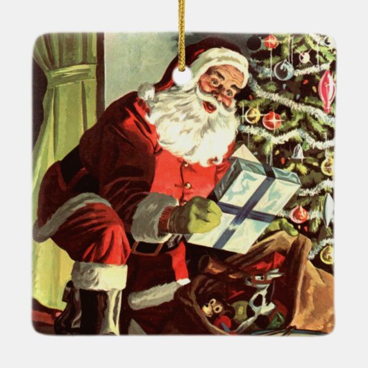 Weihnachten, Retro Weihnachtsmann mit Geschenken Keramikornament (Rückseite)