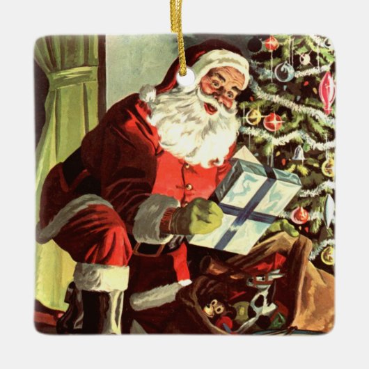 Weihnachten, Retro Weihnachtsmann mit Geschenken Keramikornament (Vorderseite)