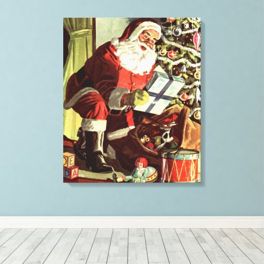 Weihnachten, Retro Weihnachtsmann mit Geschenken Leinwanddruck (Insitu (Holzboden))