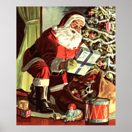 Weihnachten, Retro Weihnachtsmann mit Geschenken Poster (Vorne)