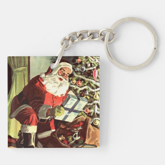 Weihnachten, Retro Weihnachtsmann mit Geschenken Schlüsselanhänger (Rückseite)