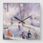 Weihnachten, Rodeln, Central Park Glackens Quadratische Wanduhr (Vorderseite)