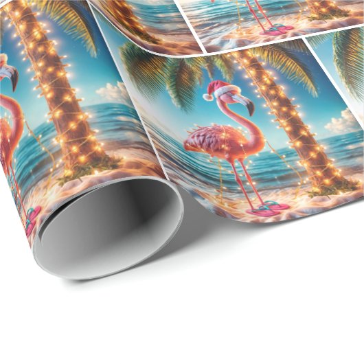 Weihnachten rosa Flamingo in krumpelnden Lichtern Geschenkpapier (Rolleneckpunkt)