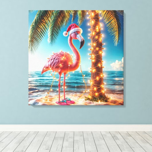 Weihnachten rosa Flamingo in krumpelnden Lichtern Leinwanddruck (Insitu (Holzboden))