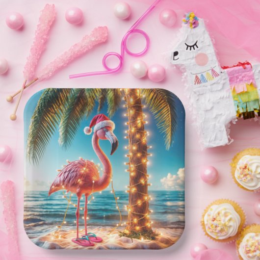Weihnachten rosa Flamingo in krumpelnden Lichtern Pappteller (Party)