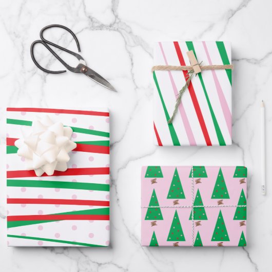 Weihnachten Rosa Grün Moderne Streifen Geschenkpapier Set (Vorderseite)