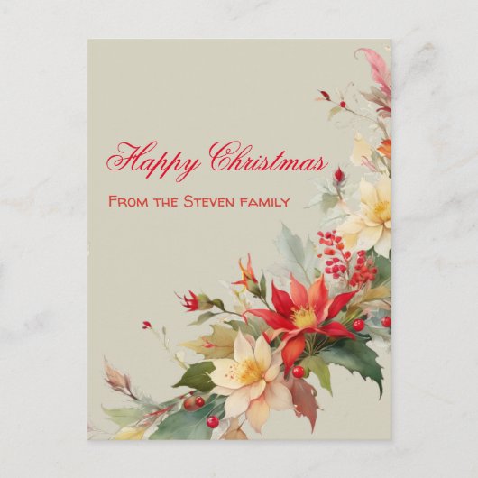 Weihnachten Rose Wasserfarben Postkarte | Ihr Name (Vorderseite)