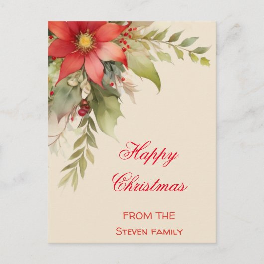 Weihnachten Rose Wasserfarben Postkarte | Ihr Name (Vorderseite)