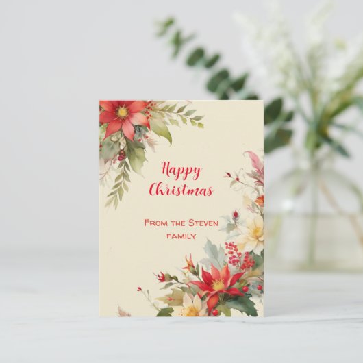 Weihnachten Rose Wasserfarben Postkarte | Ihr Name (Stehend Vorderseite)