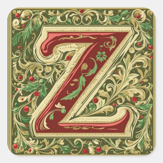 Weihnachten Rot und Gold Z mit grünen Akzenten Quadratischer Aufkleber (Vorderseite)