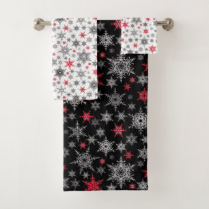 Weihnachten, rot, weiß, Schneeflocken, Winter Badhandtuch Set