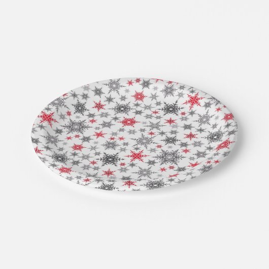 Weihnachten, rot, weiß, Schneeflocken, Winter, Neu Pappteller (Schrägansicht)