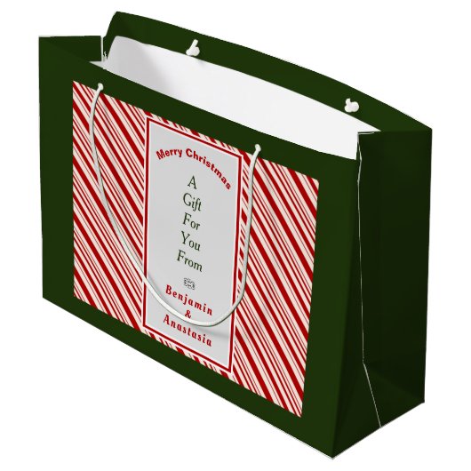 Weihnachten Rote Streifen Urlaub personalisieren Große Geschenktüte (Rückseite Schrägansicht)