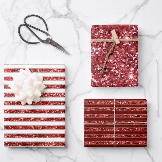 Weihnachten - Roter Glitzer Streifen Geschenkpapier Set (Vorderseite)