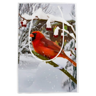 Weihnachten, roter Kardinals-Vogel und Schnee Mittlere Geschenktüte